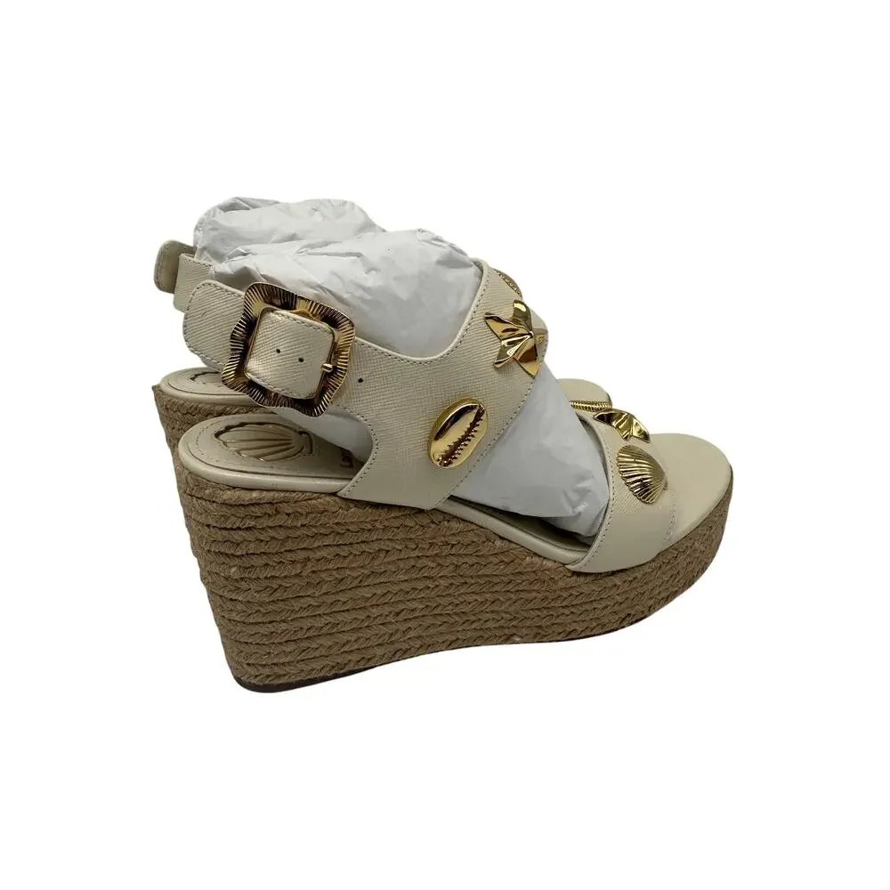 Larroudé Madison Hi Ivory Leather Seashell Wedge Espadrille Sandals Women's Sz 6